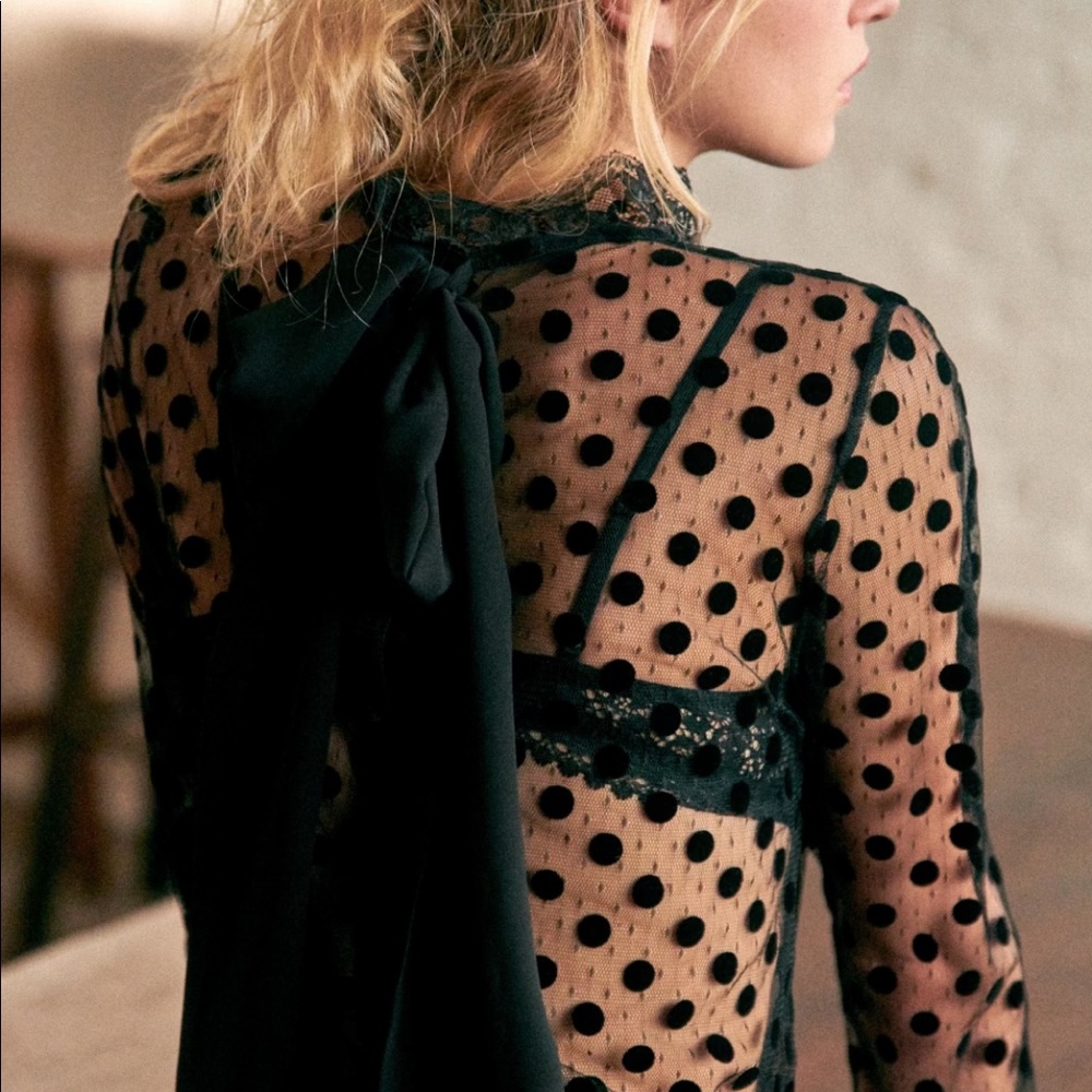NWT Sézane Siam blouse sheer top polka dots black bow sz 36 US 4